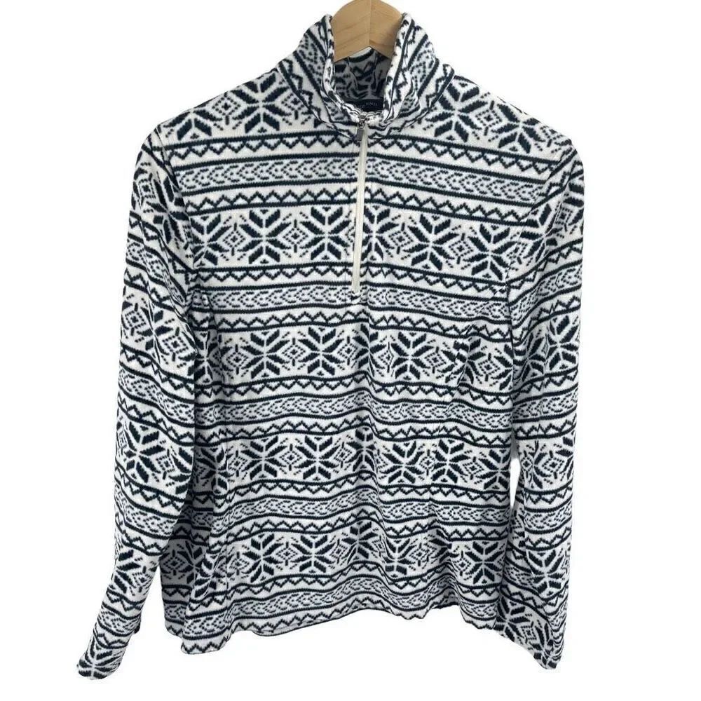 Lands End fair isle Sweatshirt Fleece Pullover Snowflakes Blue White Medium 10 1